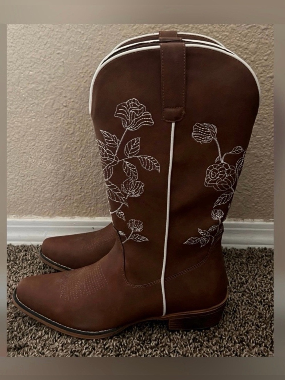 Jeossy Women's Cowboy Mid Calf Boots with Embroidery Brown Color -Size 11